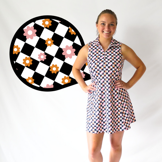 Black and White Checkered Floral Golf Dress